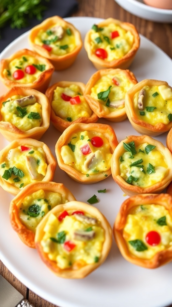A close-up of mini quiche cups filled with eggs, cheese, and vegetables, garnished with herbs on a wooden table.